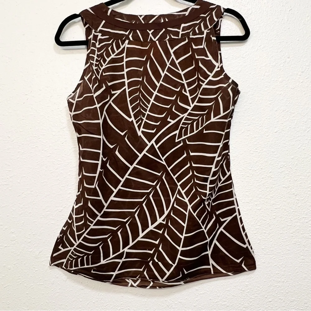 Tory Burch Brown Leaf Printed Sleeveless Blouse-sz 4